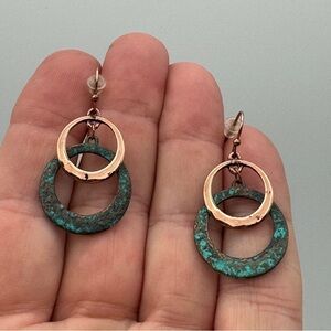Patina Copper Tone Double Circle Dangle Earrings 1.5” Boho Style
